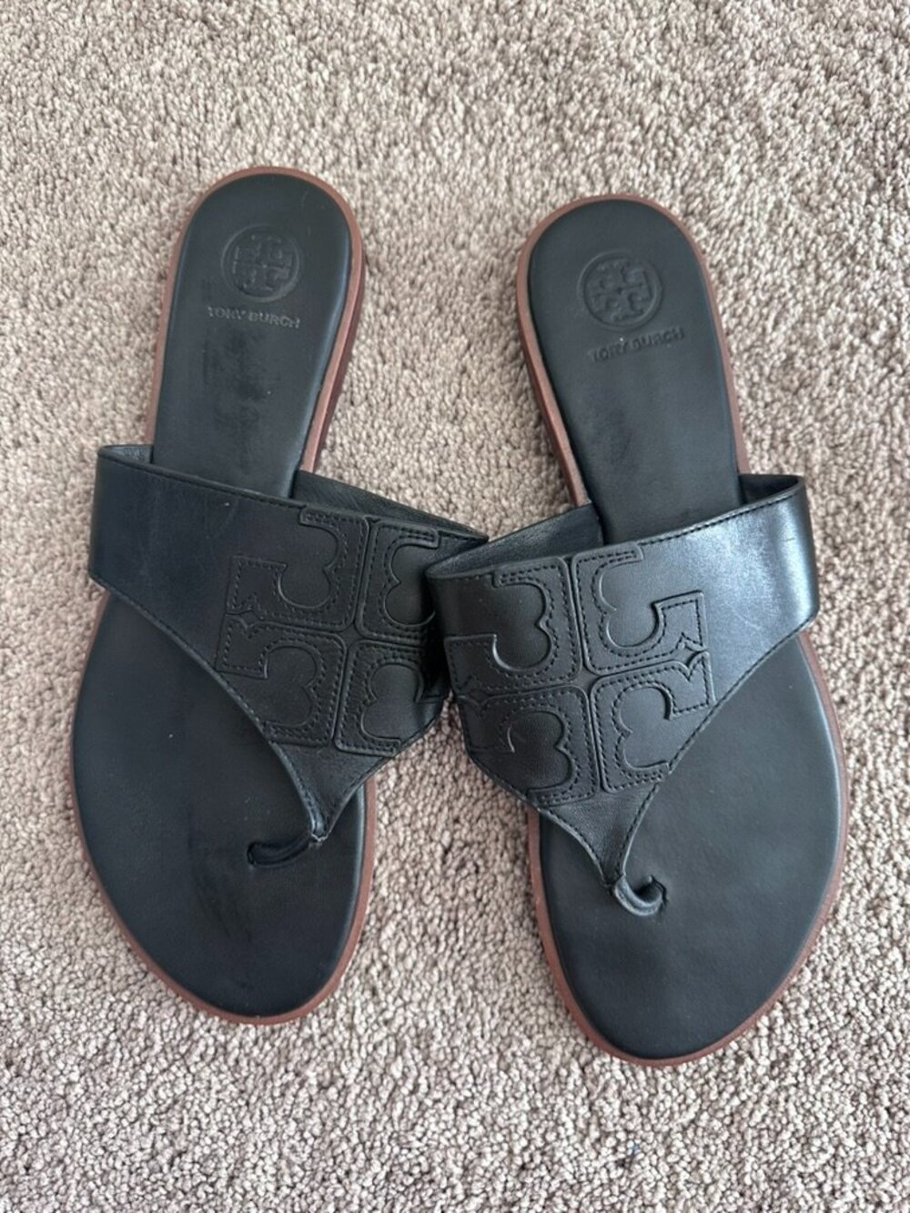 Tory Burch Women's Jamie Calf Leather Full Logo Thong Black